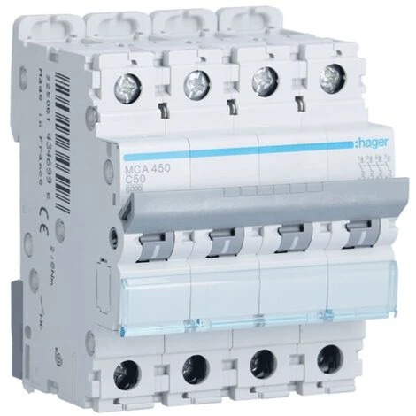 Interrupteur Magnétothermique Hager 4P 50A 6 KA C 4 Modules MCA450 1 Interrupteur Magnétothermique Hager 4P 50A 6 KA C 4 Modules MCA450