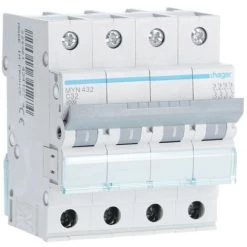 Interrupteur Magnétothermique Hager 4P 32A 4.5 KA C 4 Modules MYN432
