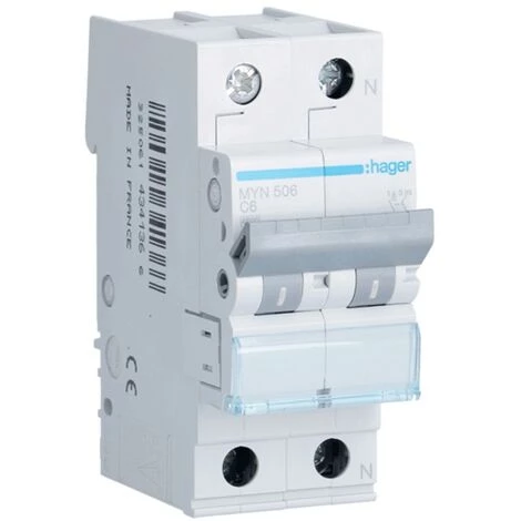 Interrupteur Magnétothermique Hager 1P+N 6A 4,5 KA C 2 Modules MYN506 1 Interrupteur Magnétothermique Hager 1P+N 6A 4,5 KA C 2 Modules MYN506