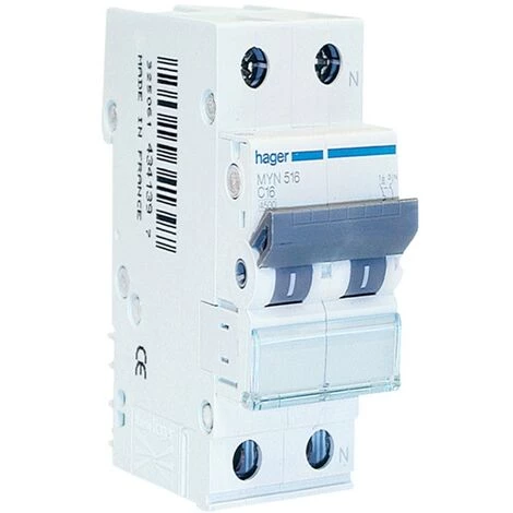 Interrupteur Magnétothermique Hager 1P+N 16A 4.5 KA C 2 Modules MYN516 1 Interrupteur Magnétothermique Hager 1P+N 16A 4.5 KA C 2 Modules MYN516