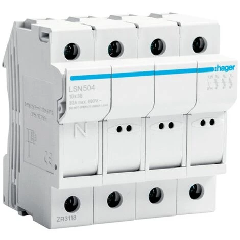 Porte-fusible Hager 32A 3P 400V L38 4 Modules 10X38 LSN504 1 Porte-fusible Hager 32A 3P 400V L38 4 Modules 10X38 LSN504