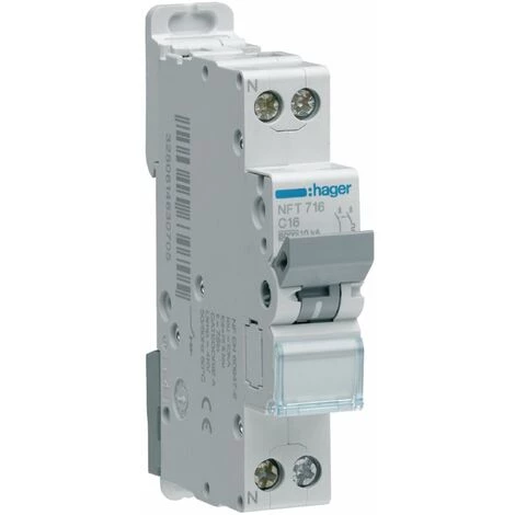 Hager NFT716 Disjoncteur 1P+N 16A Courbe C 1 Module - Gris 1 Hager NFT716 Disjoncteur 1P+N 16A Courbe C 1 Module - Gris