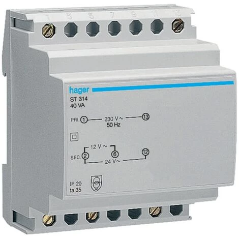 Hager Transformateur Modulaire 40VA 230V 12V 24V 4 Modules ST314 1 Hager Transformateur Modulaire 40VA 230V 12V 24V 4 Modules ST314